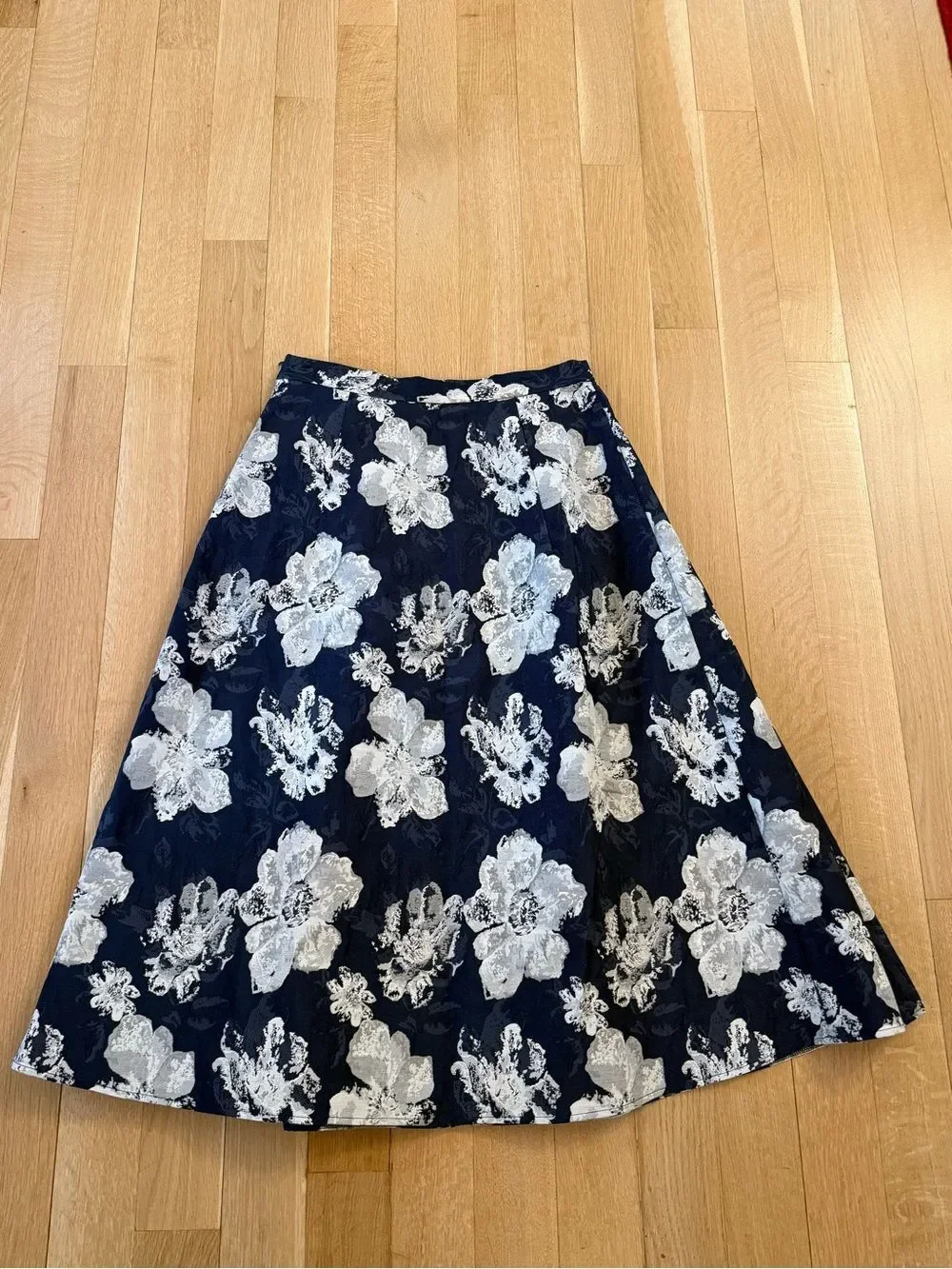 Eva Franco Navy A-Line Skirt with Silver Floral Brocade